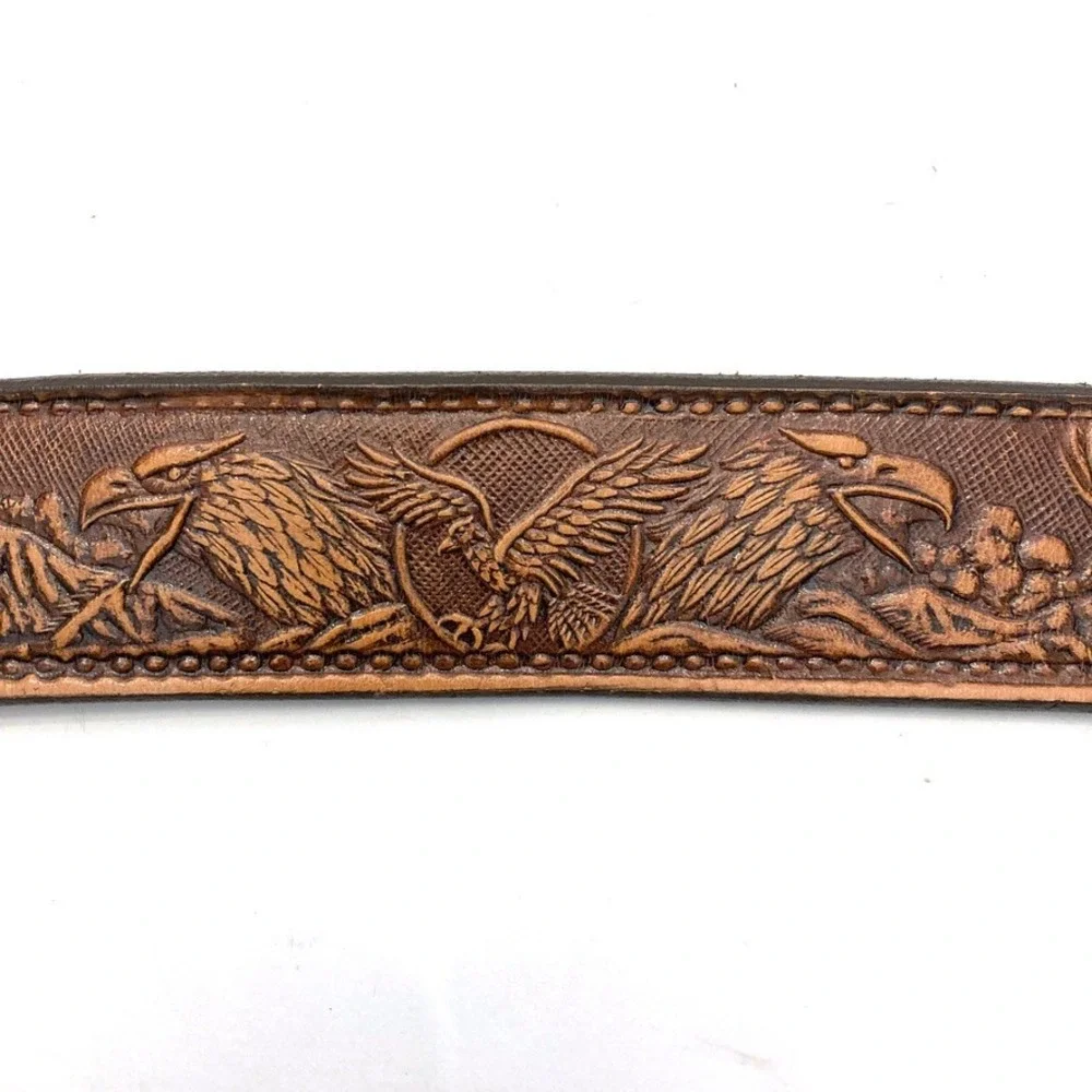 Full Grain Cowhide Leather Belt Brown Embossed Eagles Mens 56 